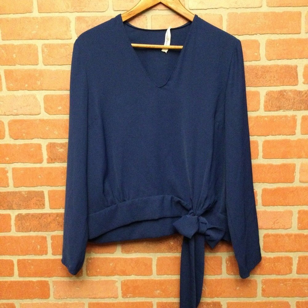 Amanda Uprichard Blouse dark blue bow waist detail long sleeve Size L large